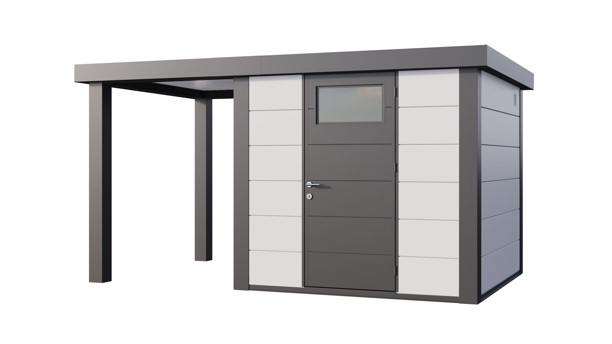 Foto van Telluria Classico 2424 metalen tuinhuis met overkapping links