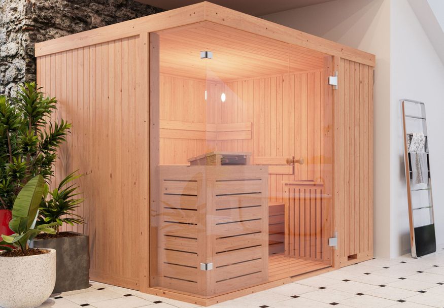 Azalp Facet elementsauna 237x186 cm, elzen Foto van Azalp Facet elementsauna 237x186 cm, elzen