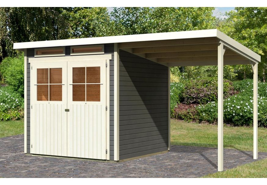Karibu Glücksburg 3 tuinhuis met overkapping 190 cm - terragrijs (68769) Foto van Karibu Glücksburg 3 tuinhuis met overkapping 190 cm - terragrijs (68769)