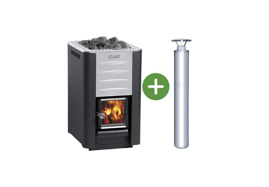 Harvia houtkachel 20 Pro incl afvoer - platdak Foto van Harvia houtkachel 20 Pro incl afvoer - platdak