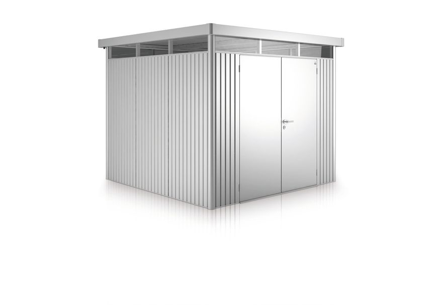 Biohort Highline H4 metalen tuinhuis zilver metallic dubbele deur Foto van Biohort Highline H4 metalen tuinhuis zilver metallic dubbele deur