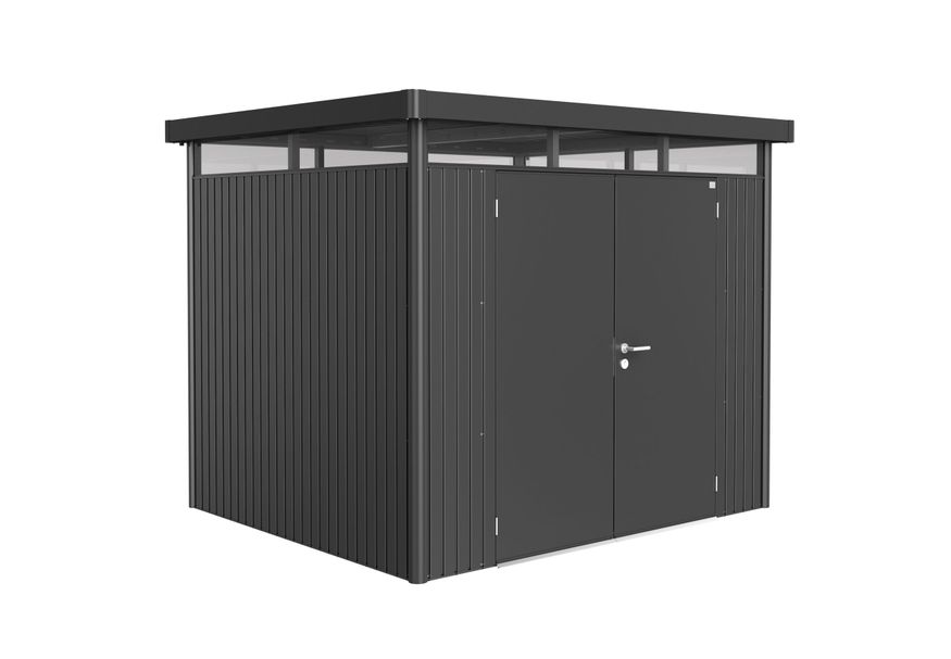 Biohort HighLine H3 Metalen Berging Donkergrijs Metallic Dubbele Deur Foto van Biohort HighLine H3 Metalen Berging Donkergrijs Metallic Dubbele Deur