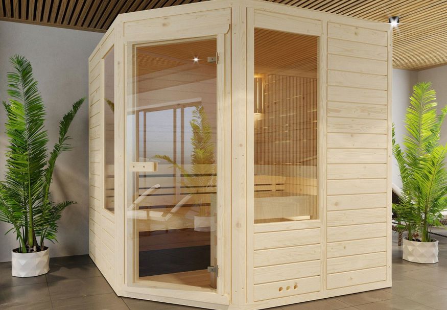 Azalp Massieve hoeksauna Eva Optic 180x190 cm, 45 mm Foto van Azalp Massieve hoeksauna Eva Optic 180x190 cm, 45 mm