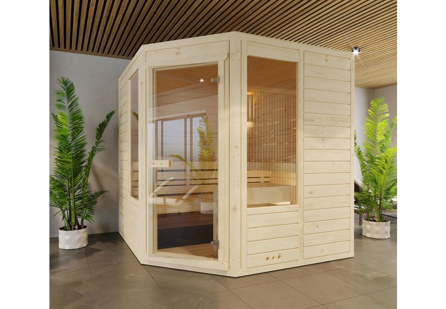 Azalp Massieve hoeksauna Eva Optic 145x145 cm, 45 mm Foto van Azalp Massieve hoeksauna Eva Optic 145x145 cm, 45 mm