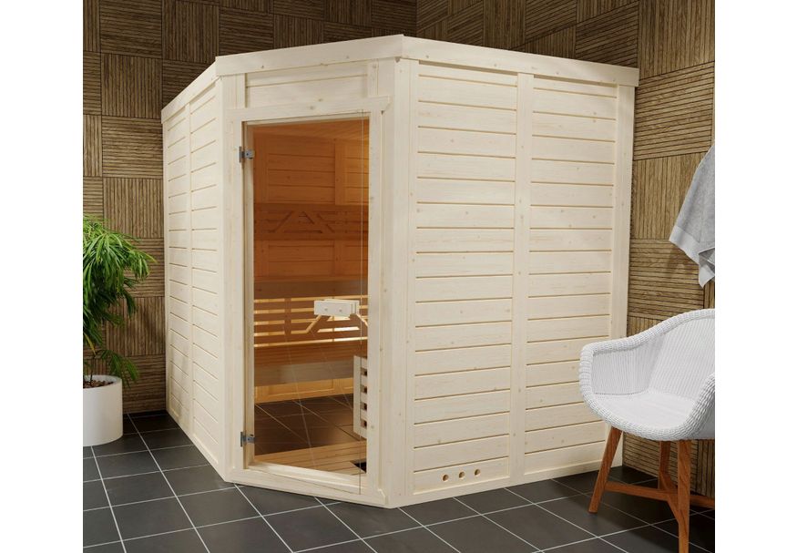 Azalp Massieve hoeksauna Genio 240x150 cm Foto van Azalp Massieve hoeksauna Genio 240x150 cm