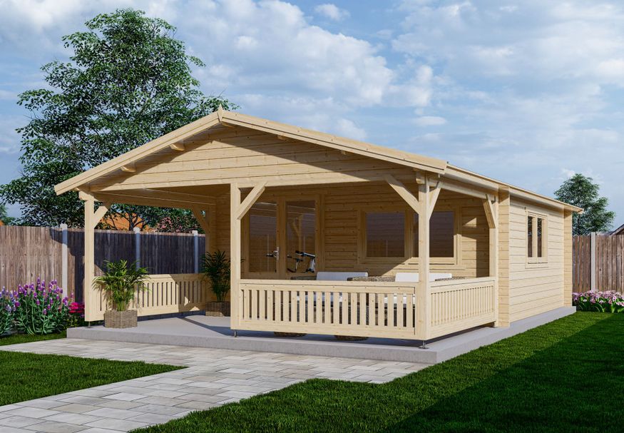 Interflex Blockhütte mit Terrasse 5x5+3 Foto von Interflex Blockhütte mit Terrasse 5x5+3