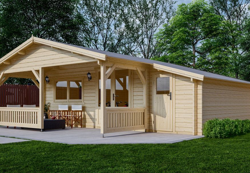 Interflex blokhut met veranda 5x5+2 Z Foto van Interflex blokhut met veranda 5x5+2 Z
