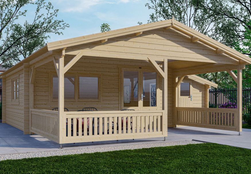 Interflex blokhut met veranda 5x5+3 Z Foto van Interflex blokhut met veranda 5x5+3 Z