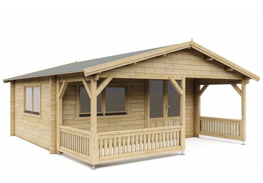 Interflex Blockhütte mit Terrasse 5x4+2 - Imprägniert Foto von Interflex Blockhütte mit Terrasse 5x4+2 - Imprägniert