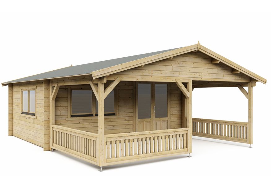 Interflex Blockhütte mit Terrasse 5x4+3 - Imprägniert Foto von Interflex Blockhütte mit Terrasse 5x4+3 - Imprägniert