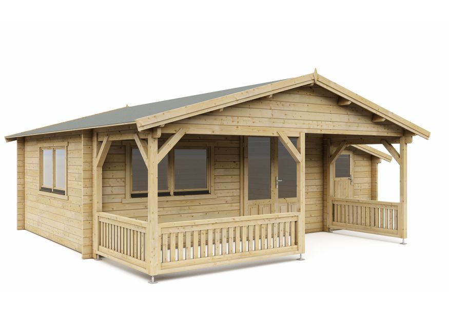 Interflex Blockhütte mit Terrasse 5x4+2 Z - Imprägniert Foto von Interflex Blockhütte mit Terrasse 5x4+2 Z - Imprägniert