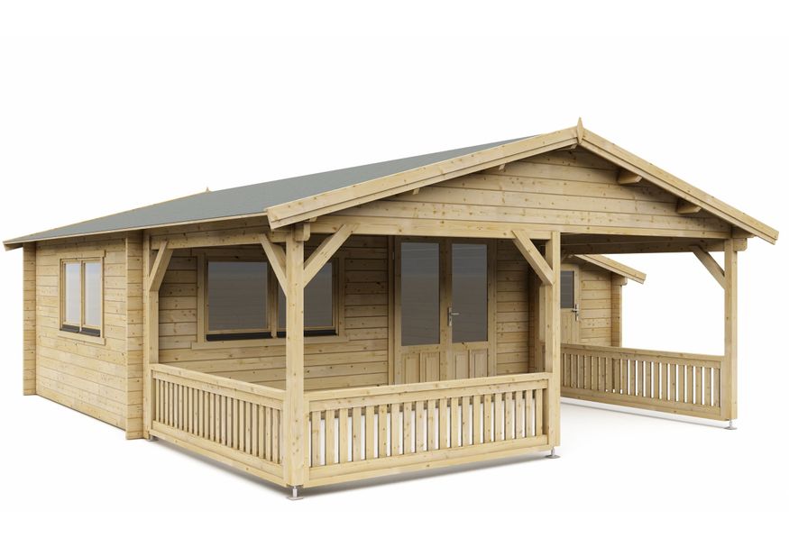 Interflex Blockhütte mit Terrasse 5x4+3 Z - Imprägniert Foto von Interflex Blockhütte mit Terrasse 5x4+3 Z - Imprägniert