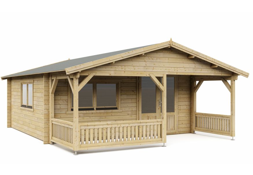 Interflex Blockhütte mit Terrasse 5x5+2 - Imprägniert Foto von Interflex Blockhütte mit Terrasse 5x5+2 - Imprägniert