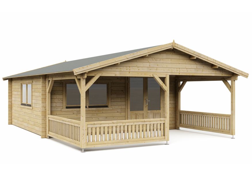 Interflex Blockhütte mit Terrasse 5x5+3 - Imprägniert Foto von Interflex Blockhütte mit Terrasse 5x5+3 - Imprägniert
