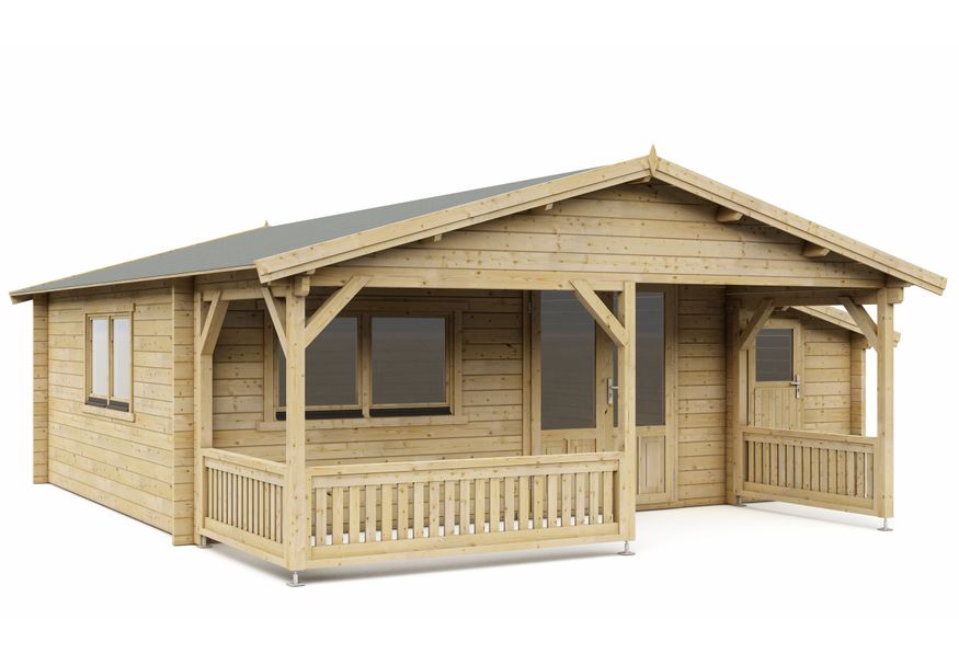 Interflex Blockhütte mit Terrasse 5x5+2 Z - Imprägniert Foto von Interflex Blockhütte mit Terrasse 5x5+2 Z - Imprägniert