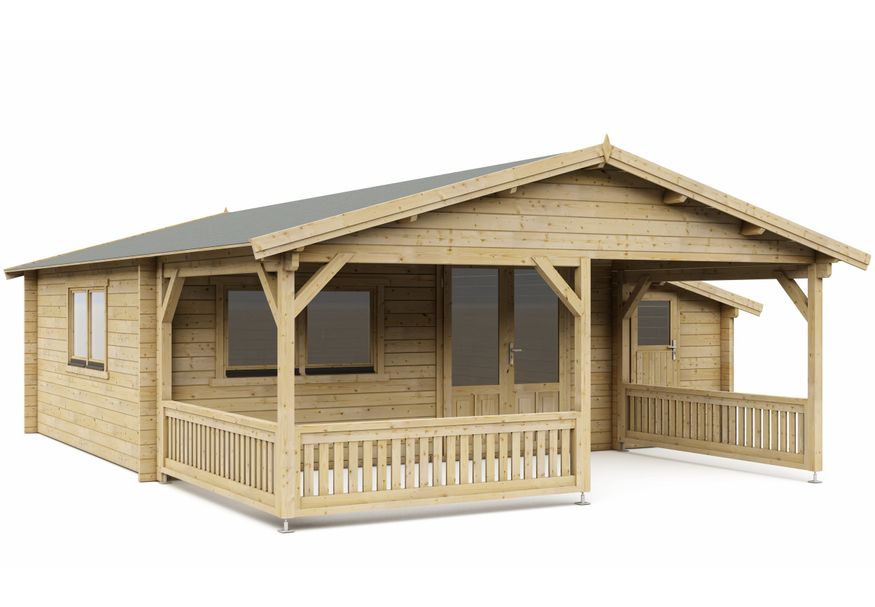 Interflex Blockhütte mit Terrasse 5x5+3 Z - Imprägniert Foto von Interflex Blockhütte mit Terrasse 5x5+3 Z - Imprägniert