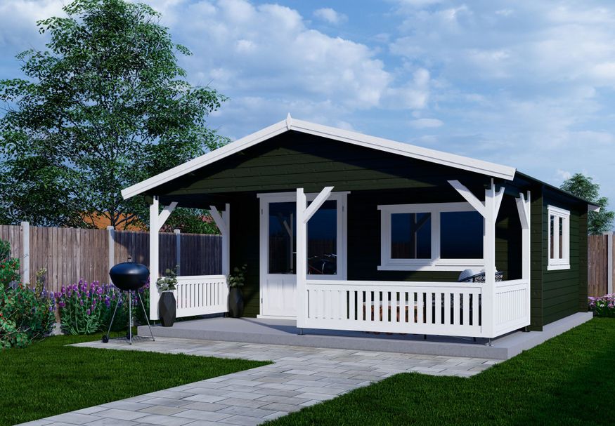 Interflex Blockhütte mit Terrasse 5x4+2 - exterieur gecoat Foto von Interflex Blockhütte mit Terrasse 5x4+2 - exterieur gecoat