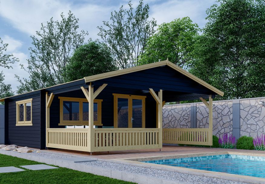 Interflex Blockhütte mit Terrasse 5x4+3 - exterieur gecoat Foto von Interflex Blockhütte mit Terrasse 5x4+3 - exterieur gecoat
