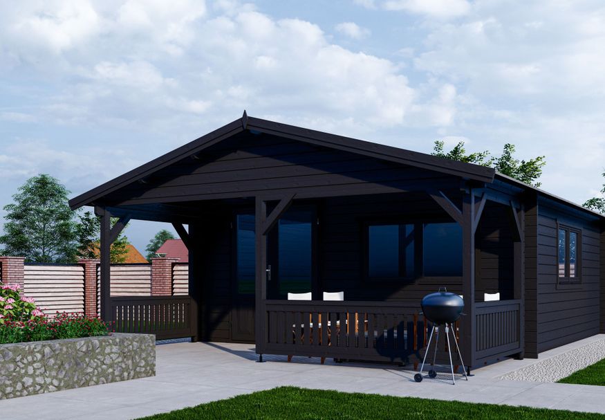 Interflex Blockhütte mit Terrasse 5x5+2 - exterieur gecoat Foto von Interflex Blockhütte mit Terrasse 5x5+2 - exterieur gecoat