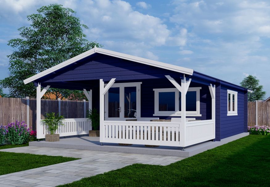 Interflex Blockhütte mit Terrasse 5x5+3 - exterieur gecoat Foto von Interflex Blockhütte mit Terrasse 5x5+3 - exterieur gecoat