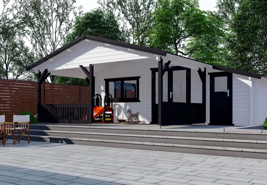 Interflex Blockhütte mit Terrasse 5x4+3 Z - exterieur gecoat Foto von Interflex Blockhütte mit Terrasse 5x4+3 Z - exterieur gecoat