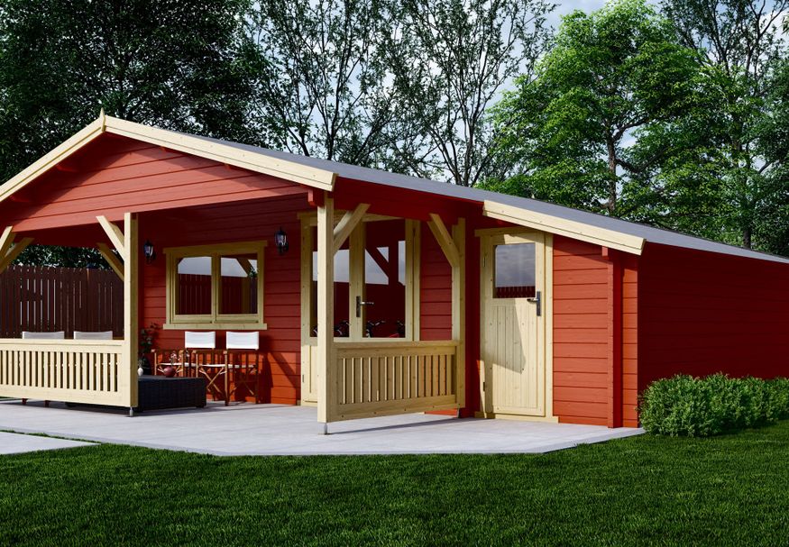Interflex Blockhütte mit Terrasse 5x5+2 Z - exterieur gecoat Foto von Interflex Blockhütte mit Terrasse 5x5+2 Z - exterieur gecoat
