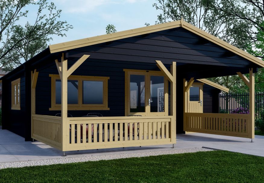 Interflex Blockhütte mit Terrasse 5x5+3 Z - exterieur gecoat Foto von Interflex Blockhütte mit Terrasse 5x5+3 Z - exterieur gecoat