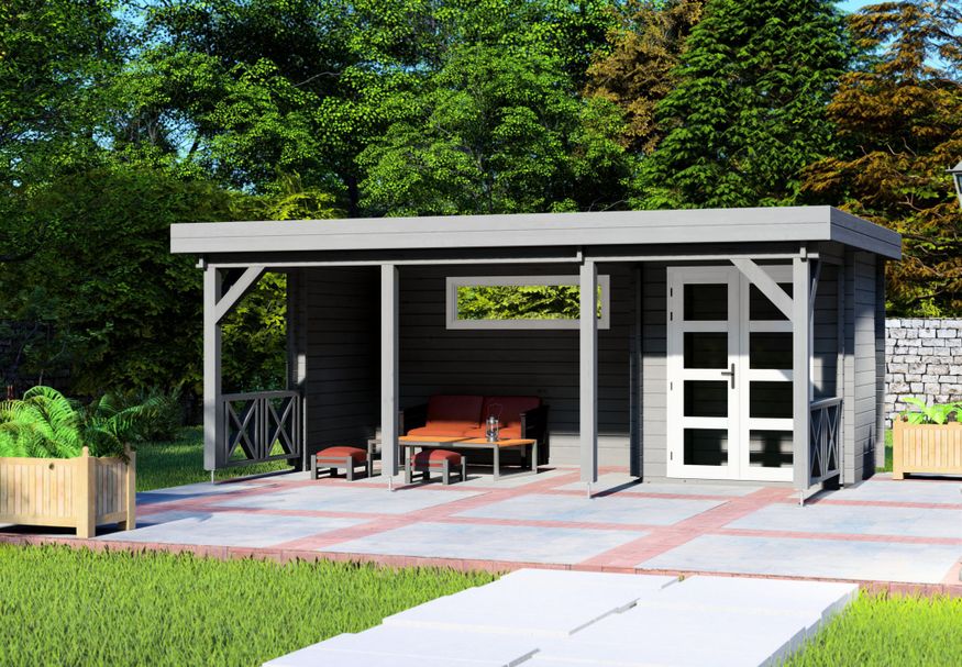 Graed 120620 Blokhut Joy met veranda Antraciet 595x400 cm - 44 mm Foto van Graed 120620 Blokhut Joy met veranda Antraciet 595x400 cm - 44 mm