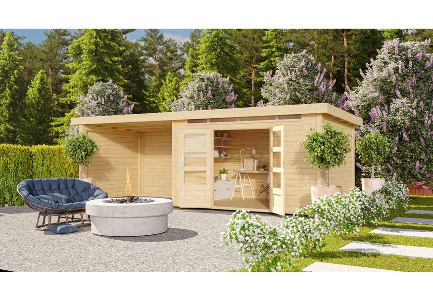 Foto von Karibu Kandern 7 Gartenhaus mit Anbaudach 320 cm - Rückwand (9248)