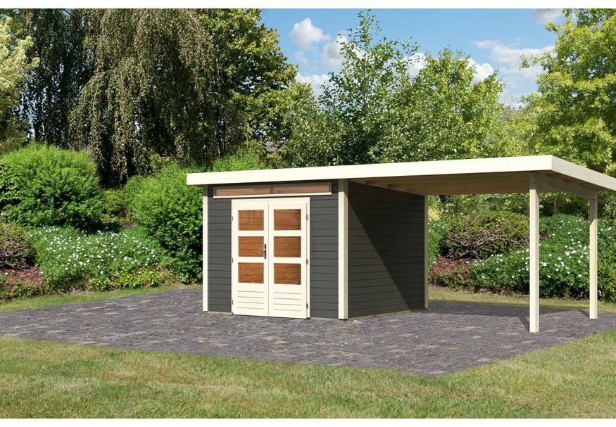 Foto van Karibu Kandern 6 tuinhuis met overkapping 320 cm - terragrijs (9239)