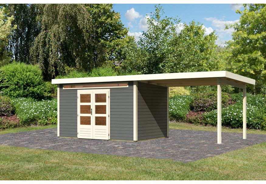 Foto van Karibu Kandern 7 tuinhuis met overkapping 320 cm - terragrijs (9247)