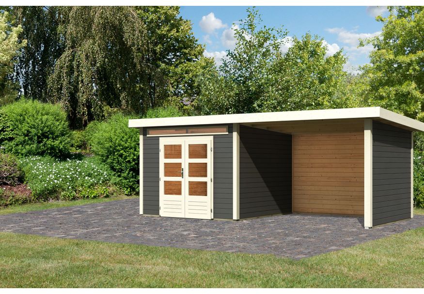 Karibu Kandern 6 Gartenhaus mit Anbaudach 320 cm - Seite und Rückwand - terragrau (9242) Foto von Karibu Kandern 6 Gartenhaus mit Anbaudach 320 cm - Seite und Rückwand - terragrau (9242)