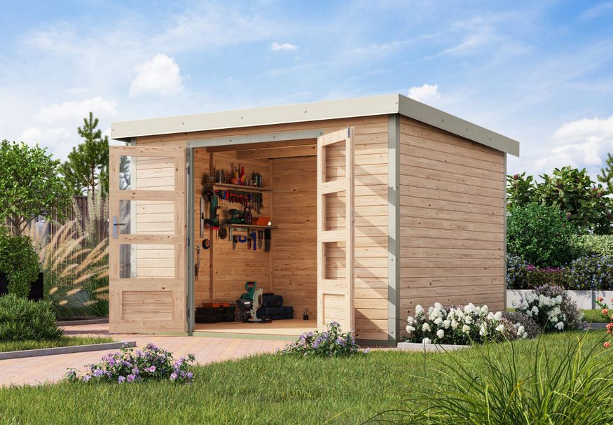 Foto van Karibu tuinhuis Jupiter 5 - Set A - vuren|wit (12325)