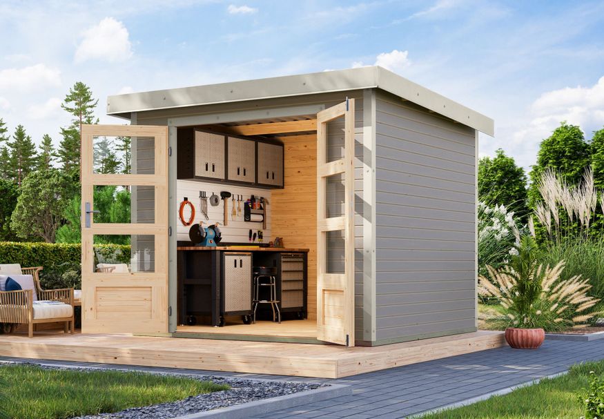 Foto van Karibu tuinhuis Jupiter 3 - Set D - watergrijs|wit (12297)