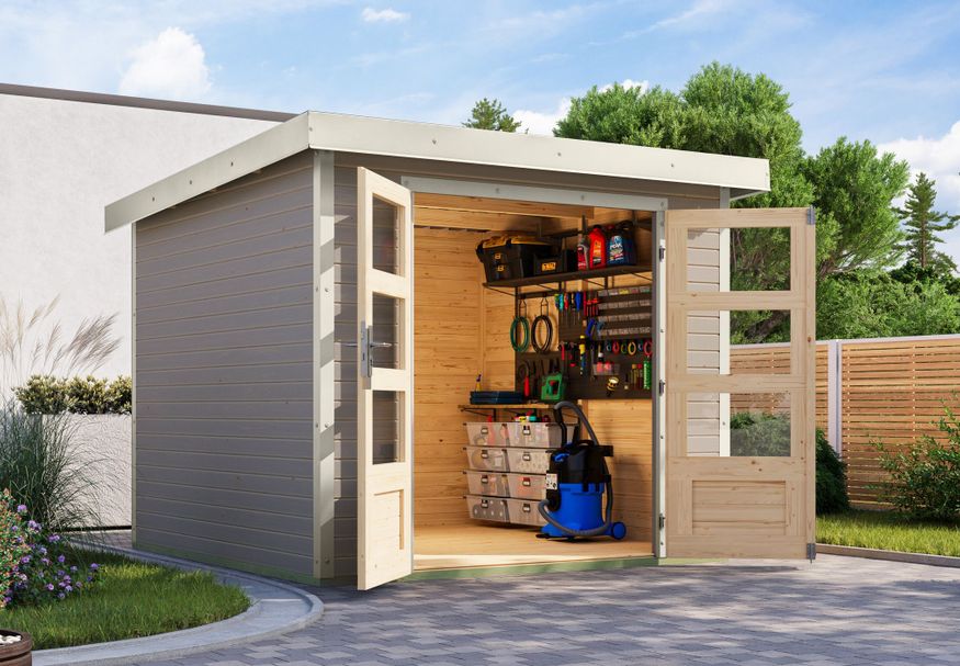 Foto van Karibu tuinhuis Jupiter 3.5 - Set D - watergrijs|wit (12309)