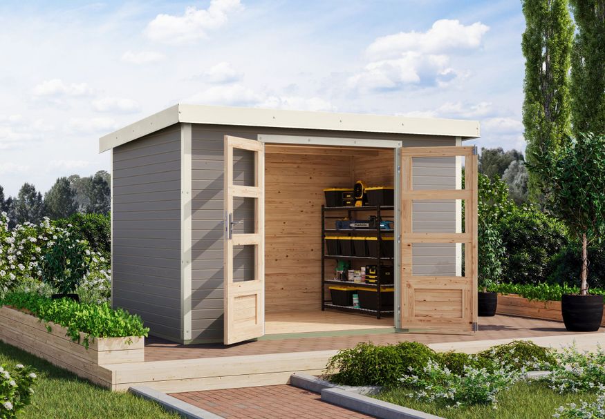 Foto van Karibu tuinhuis Jupiter 4 - Set D - watergrijs|wit (12321)