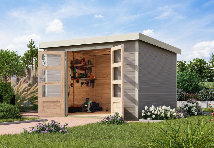 Foto van Karibu tuinhuis Jupiter 5 - Set D - watergrijs|wit (12335)