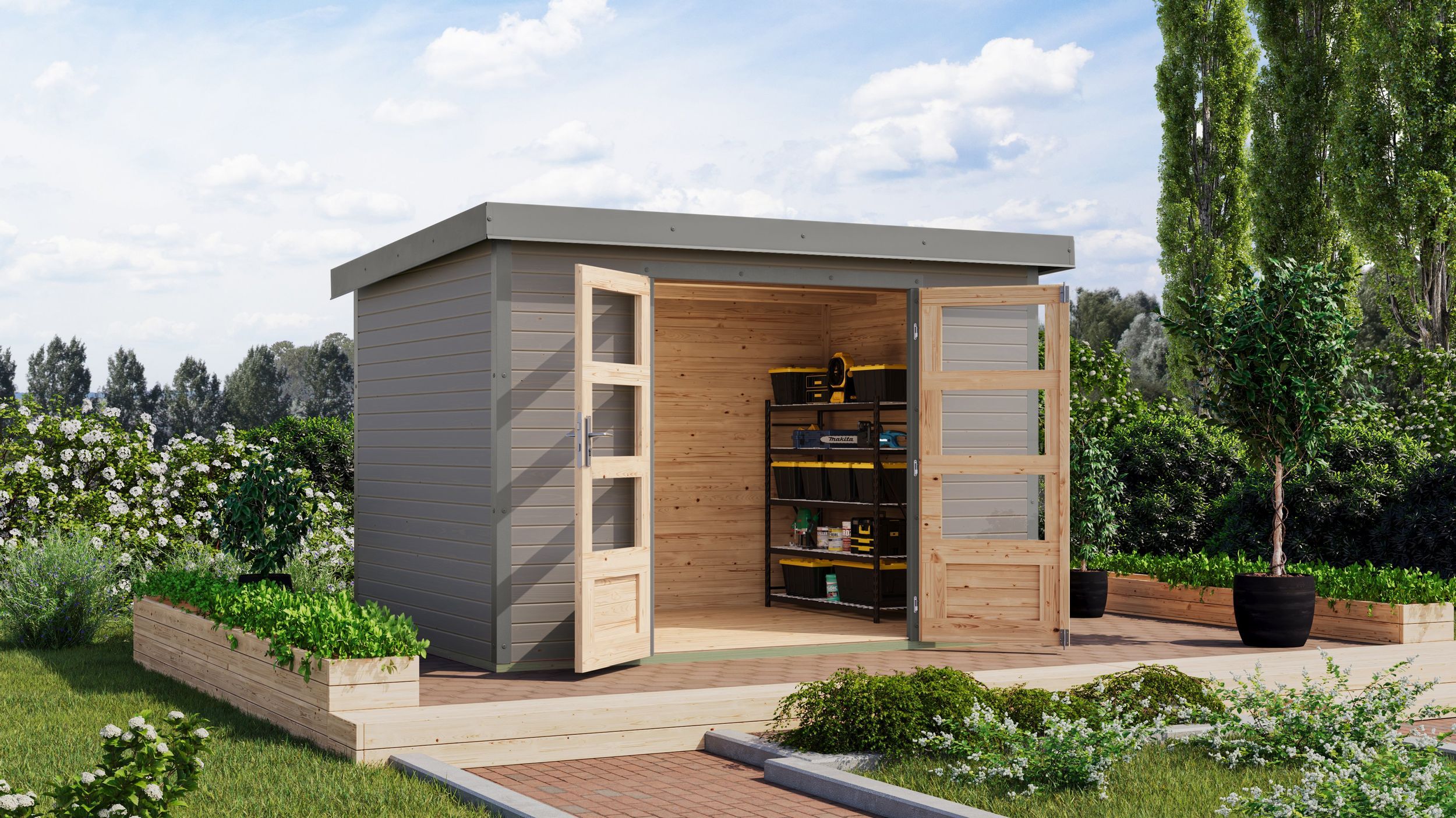 Foto van Karibu 12323 Jupiter 4 tuinhuis - watergrijs|grijsaluminium