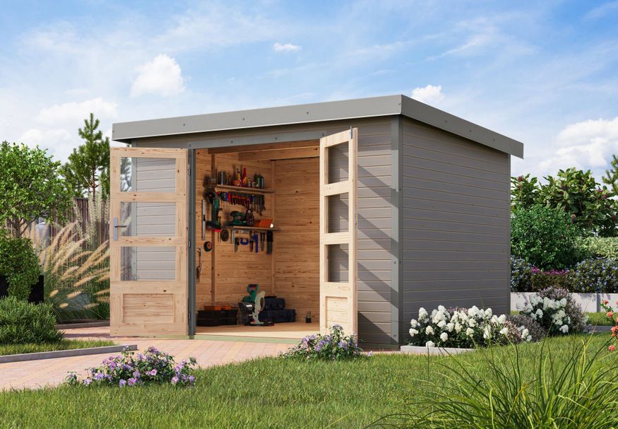 Foto van Karibu tuinhuis Jupiter 5 - Set D - watergrijs|grijsaluminium (12336)