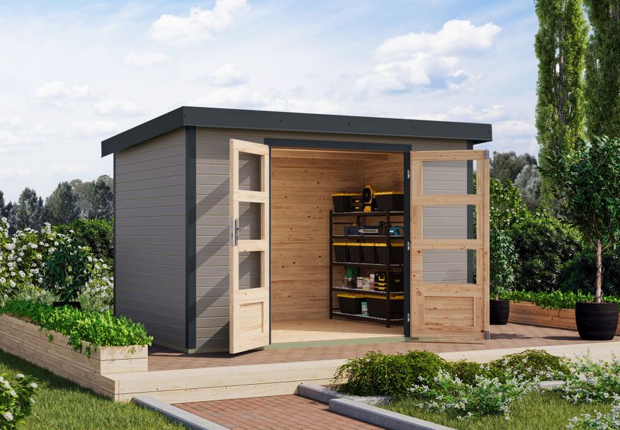 Foto van Karibu tuinhuis Jupiter 4 - Set D - watergrijs|antraciet (12324)