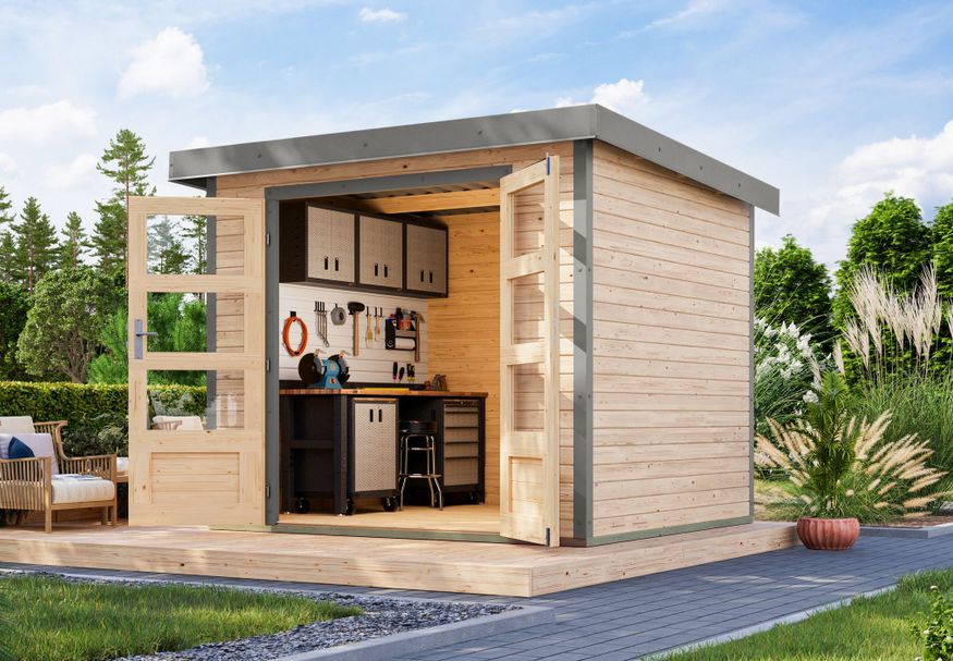 Foto van Karibu tuinhuis Jupiter 3 - Set A - vuren|grijsaluminium (12289)