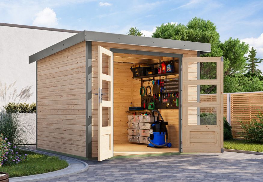 Foto van Karibu tuinhuis Jupiter 3.5 - Set A - vuren|grijsaluminium (12301)