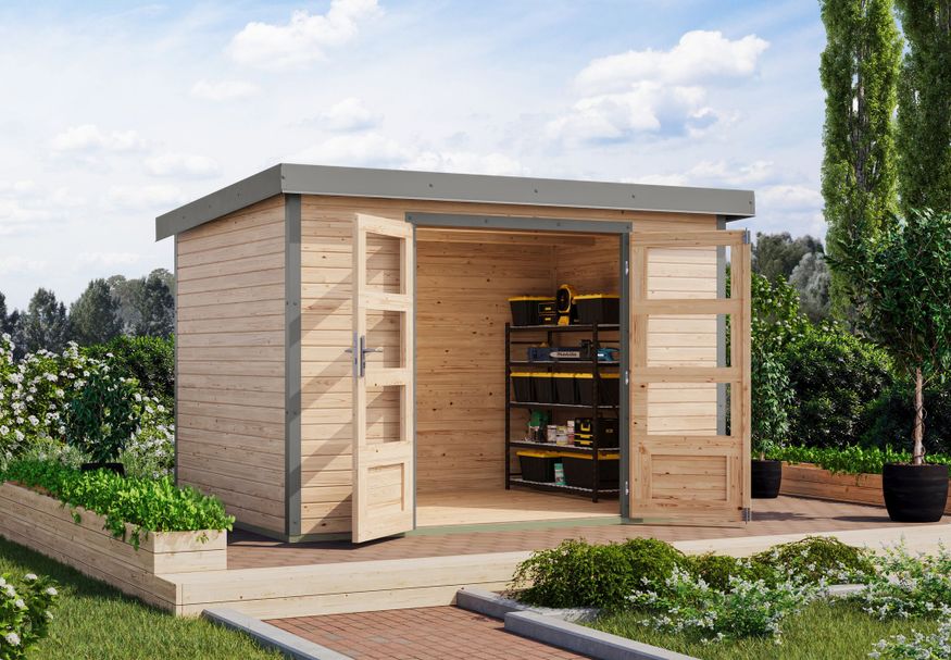 Foto van Karibu tuinhuis Jupiter 4 - Set A - vuren|grijsaluminium (12313)