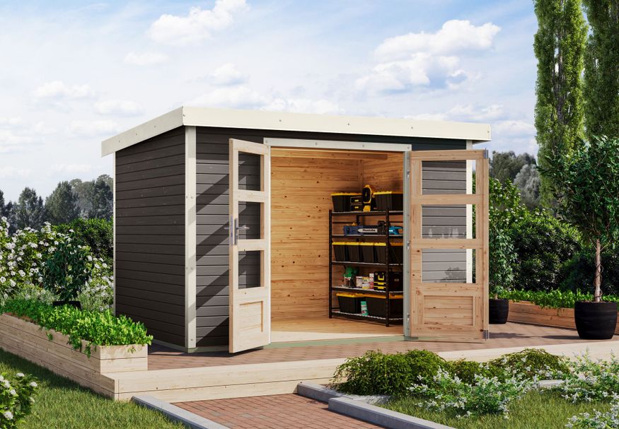Karibu tuinhuis Jupiter 4 - Set B - terragrijs|wit (12315) Foto van Karibu tuinhuis Jupiter 4 - Set B - terragrijs|wit (12315)