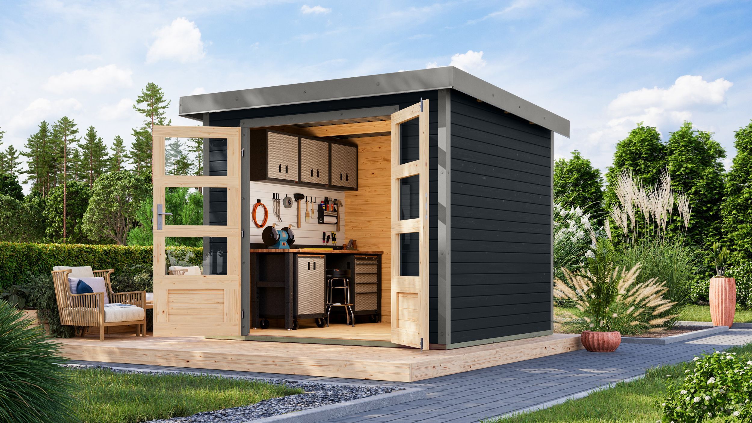 Foto van Karibu 12295 Jupiter 3 tuinhuis - antraciet|grijsaluminium