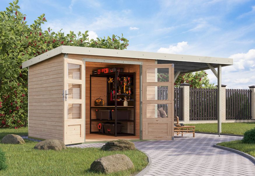 Foto van Karibu tuinhuis met overkapping Jupiter 3.5 - Set A - vuren|wit (12371)