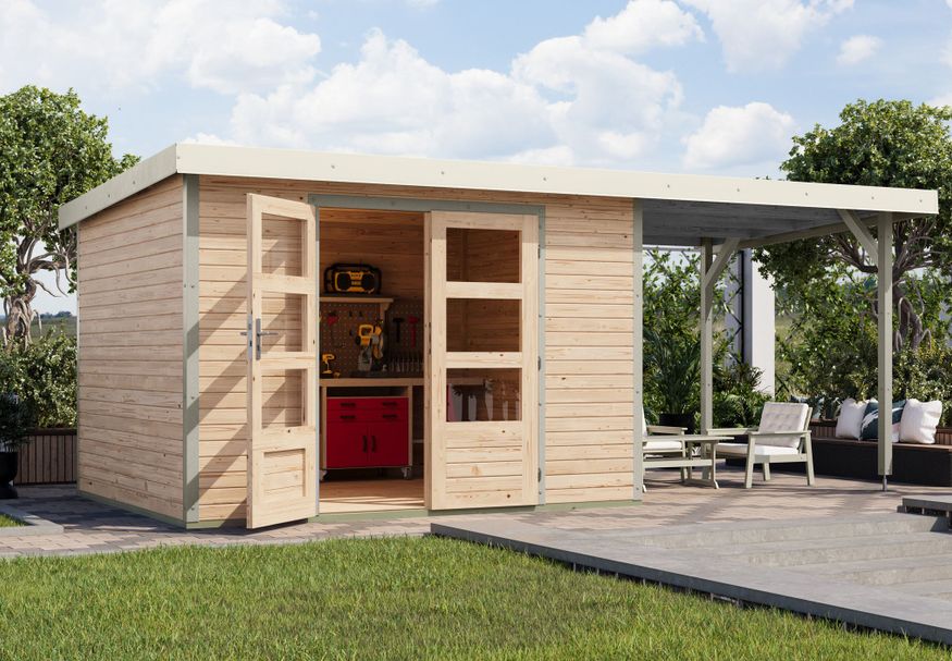 Foto van Karibu tuinhuis met overkapping Jupiter 5 - Set A - vuren|wit (12403)