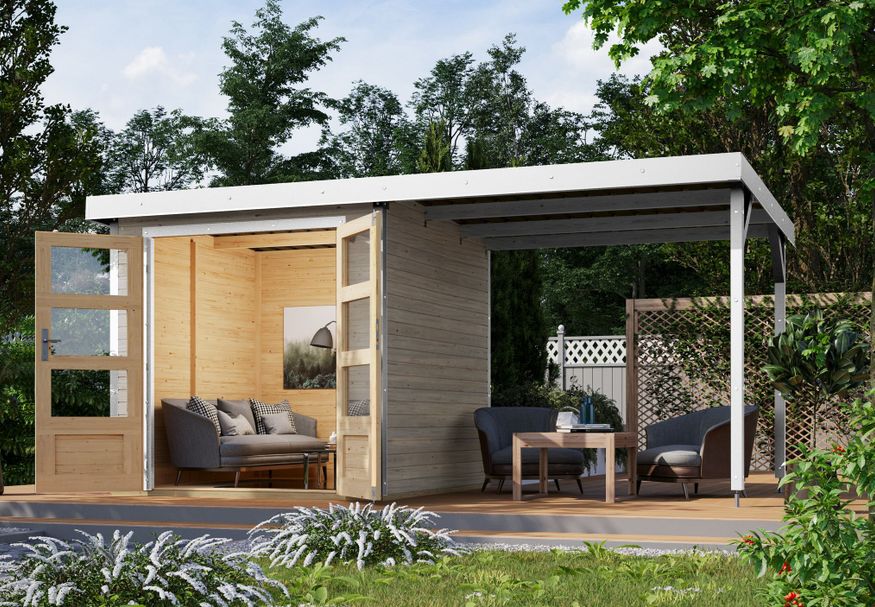 Karibu tuinhuis met overkapping Jupiter 2 - Set D - watergrijs|wit (93432) Foto van Karibu tuinhuis met overkapping Jupiter 2 - Set D - watergrijs|wit (93432)