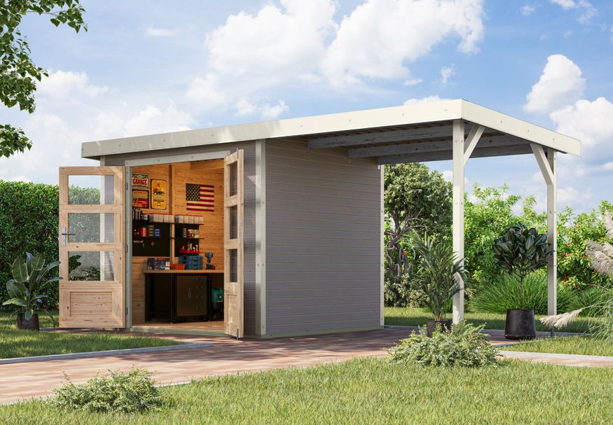 Foto van Karibu tuinhuis met overkapping Jupiter 3 - Set D - watergrijs|wit (12368)