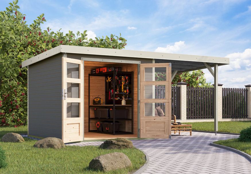 Karibu tuinhuis met overkapping Jupiter 3.5 - Set D - watergrijs|wit (12380) Foto van Karibu tuinhuis met overkapping Jupiter 3.5 - Set D - watergrijs|wit (12380)